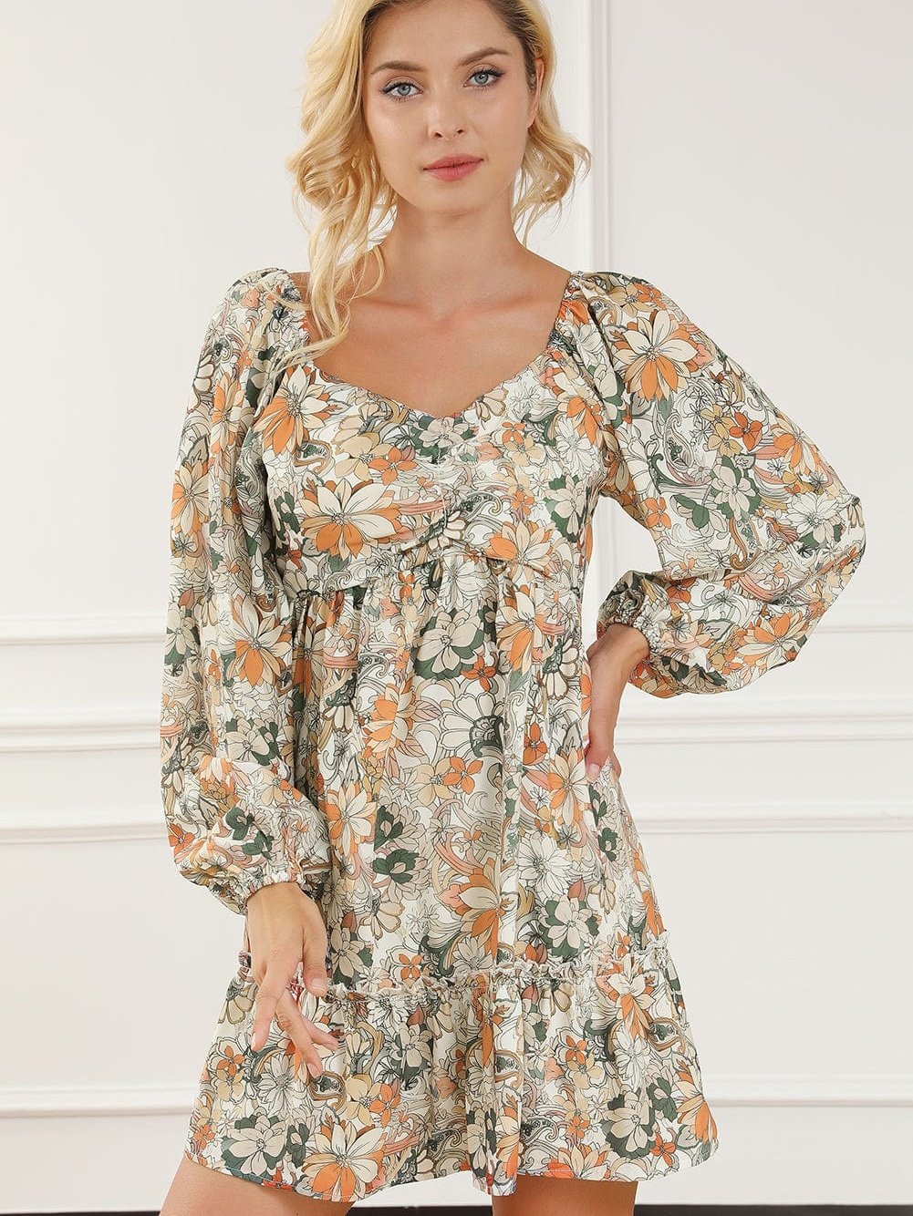 Floral Printed Puff Sleeve A-Line Mini Dress with Smocked Back