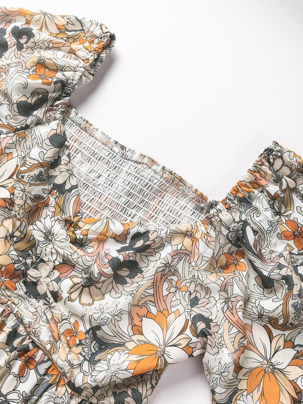 Floral Printed Puff Sleeve A-Line Mini Dress with Smocked Back