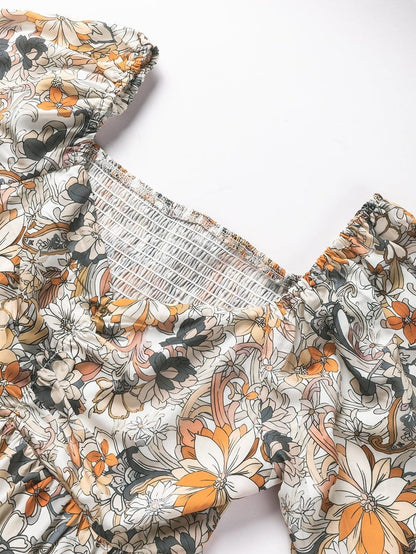 Floral Printed Puff Sleeve A-Line Mini Dress with Smocked Back