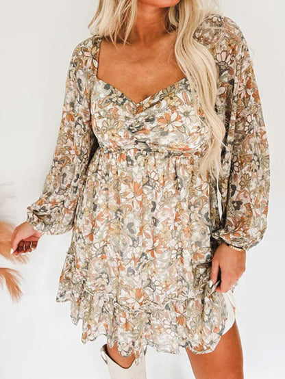 Floral Printed Puff Sleeve A-Line Mini Dress with Smocked Back