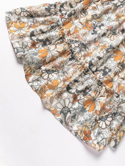 Floral Printed Puff Sleeve A-Line Mini Dress with Smocked Back