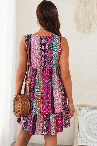 Floral Rose Bohemian V Neck Sleeveless Mini Dress with Ruffled Hem