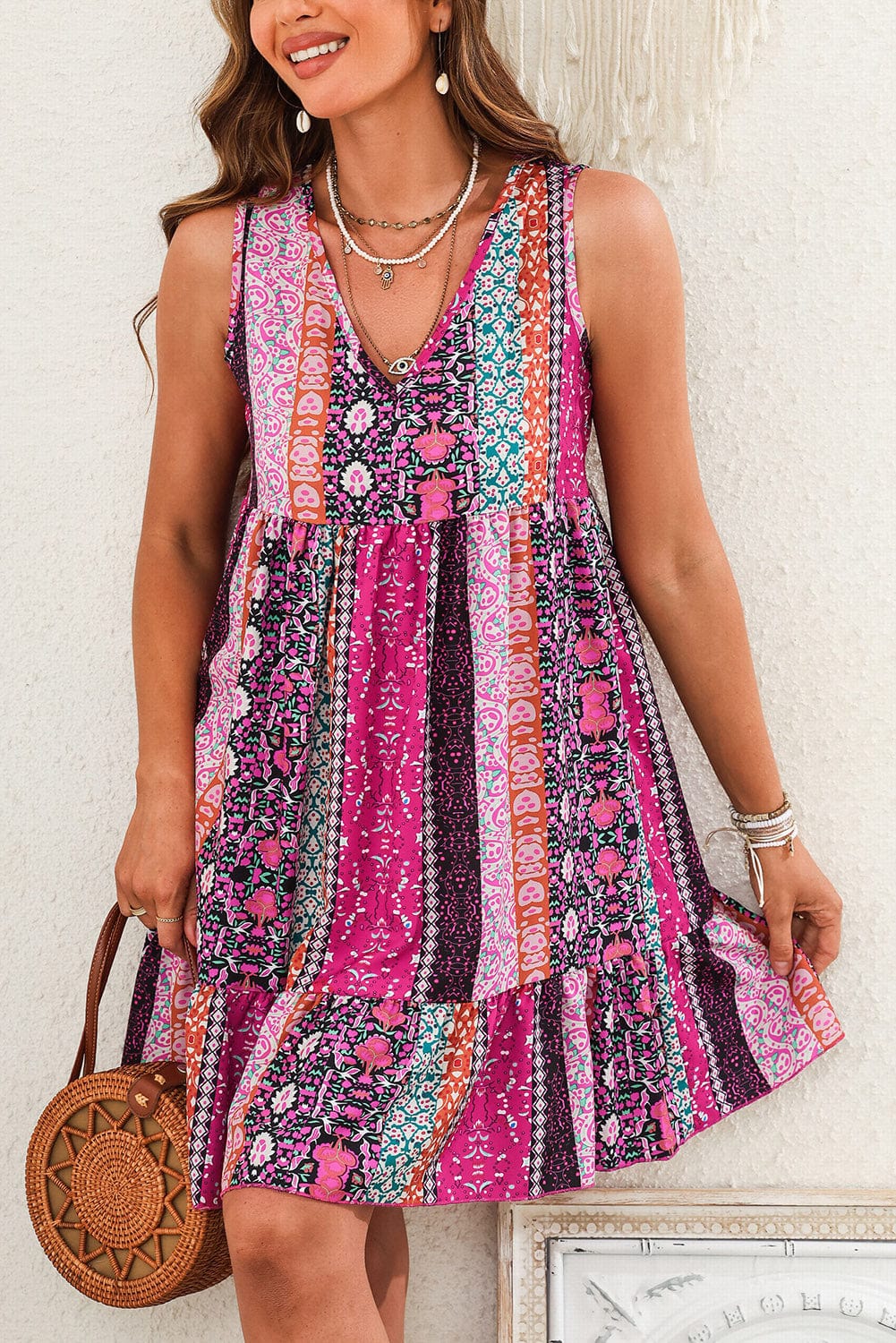 Floral Rose Bohemian V Neck Sleeveless Mini Dress with Ruffled Hem