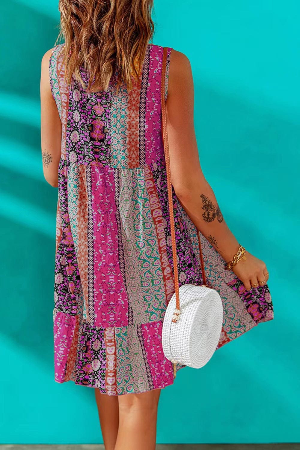 Floral Rose Bohemian V Neck Sleeveless Mini Dress with Ruffled Hem