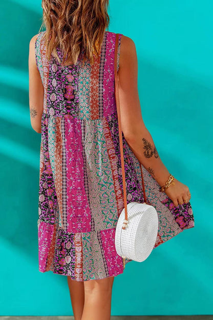 Floral Rose Bohemian V Neck Sleeveless Mini Dress with Ruffled Hem