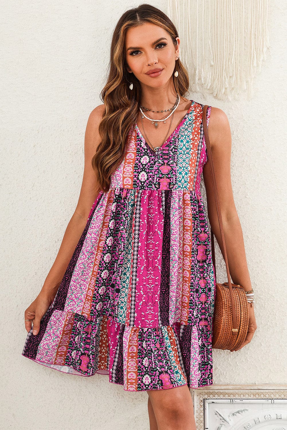 Floral Rose Bohemian V Neck Sleeveless Mini Dress with Ruffled Hem