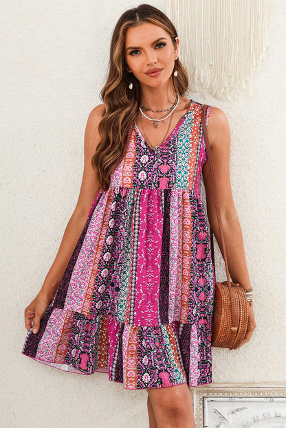 Floral Rose Bohemian V Neck Sleeveless Mini Dress with Ruffled Hem