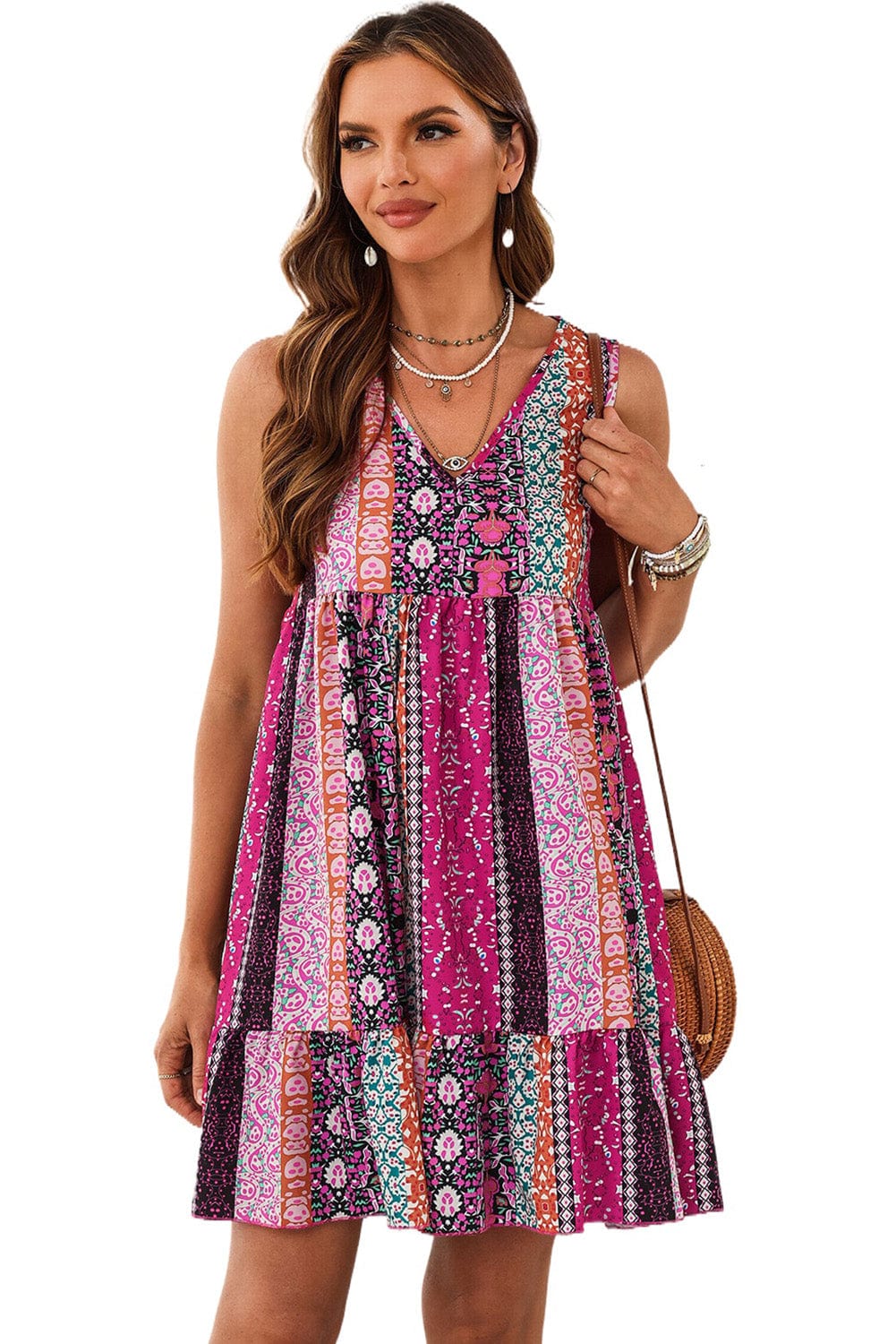 Floral Rose Bohemian V Neck Sleeveless Mini Dress with Ruffled Hem