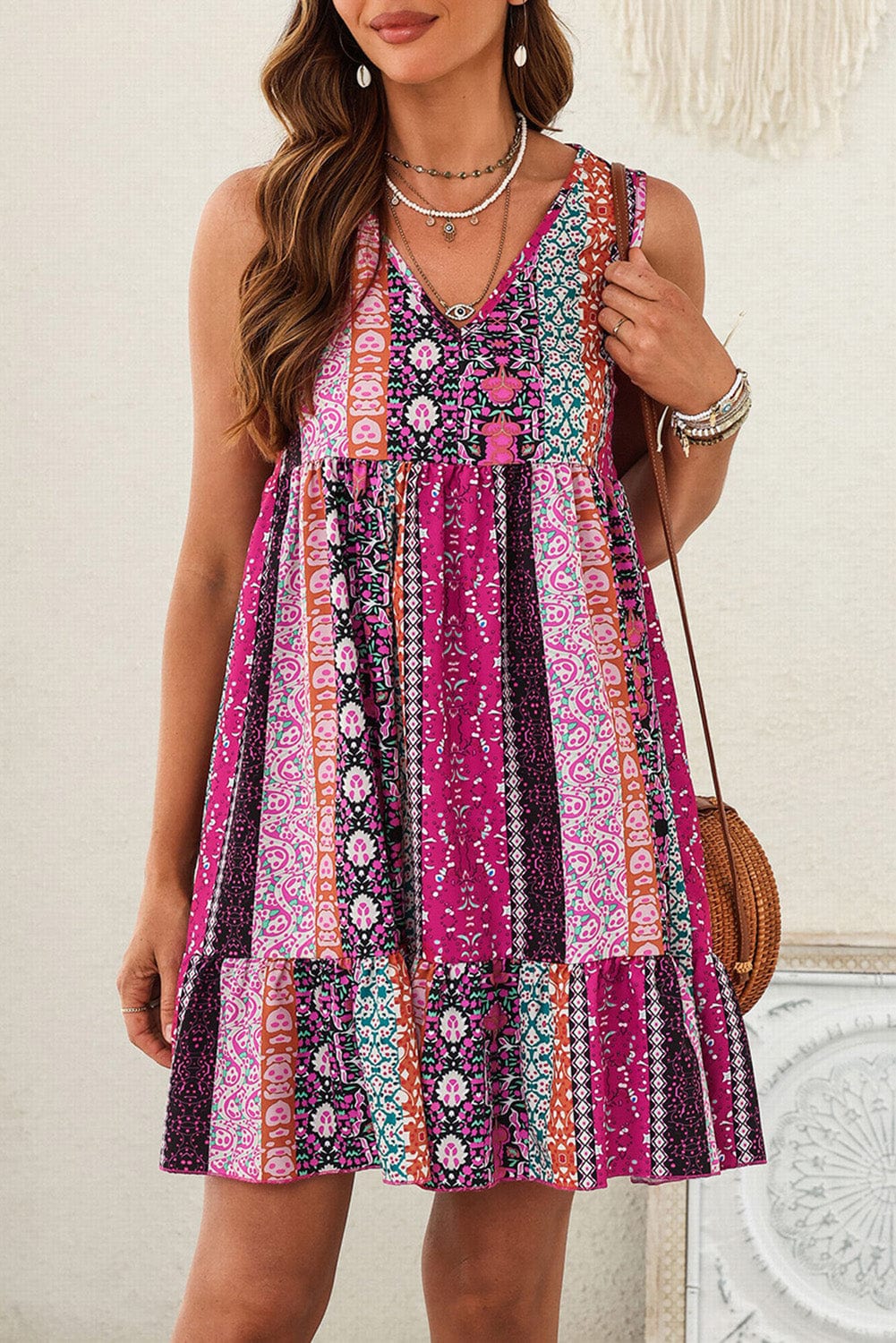 Floral Rose Bohemian V Neck Sleeveless Mini Dress with Ruffled Hem