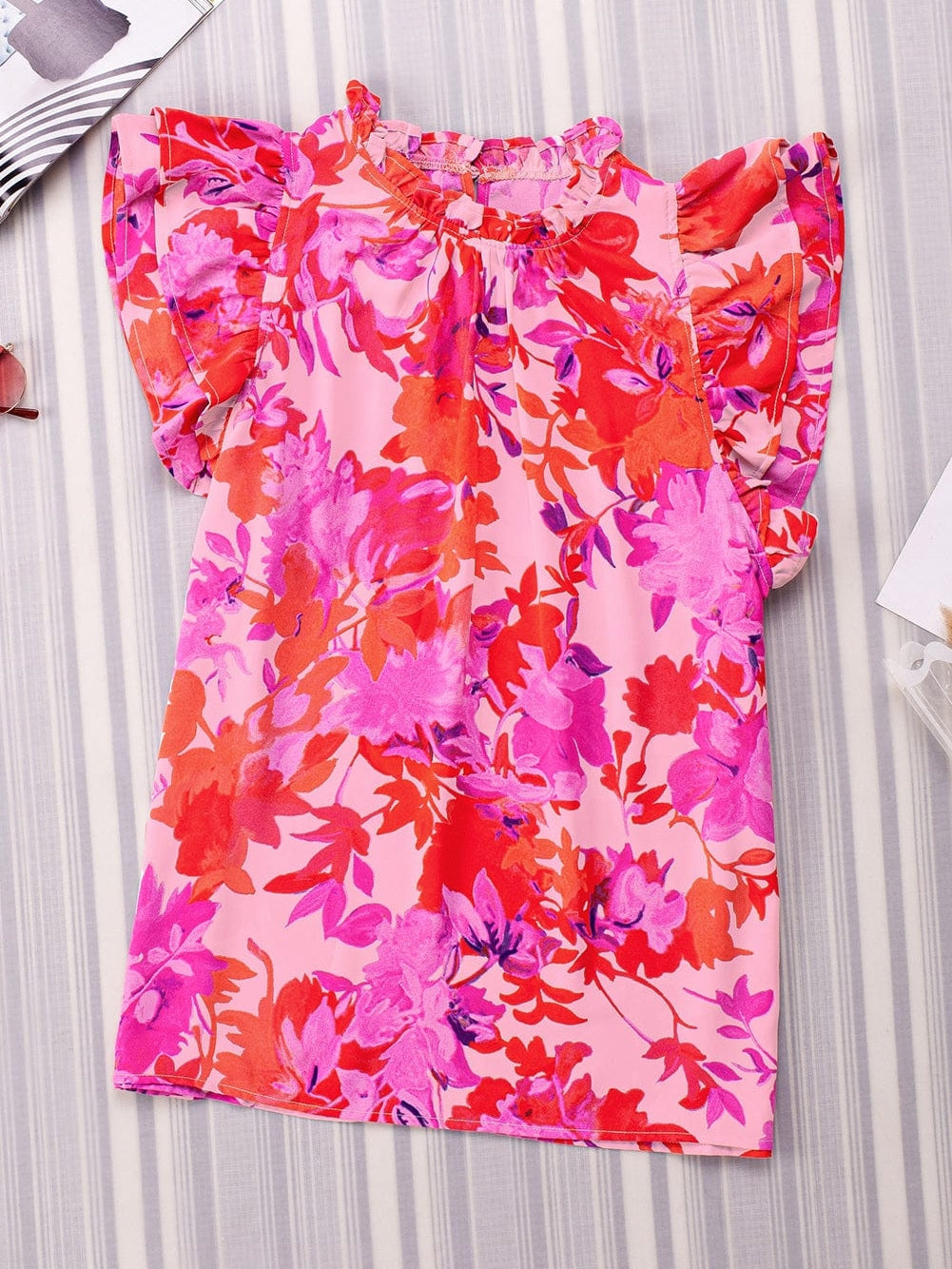 Floral Rose Frilled Flutter Sleeve Blouse