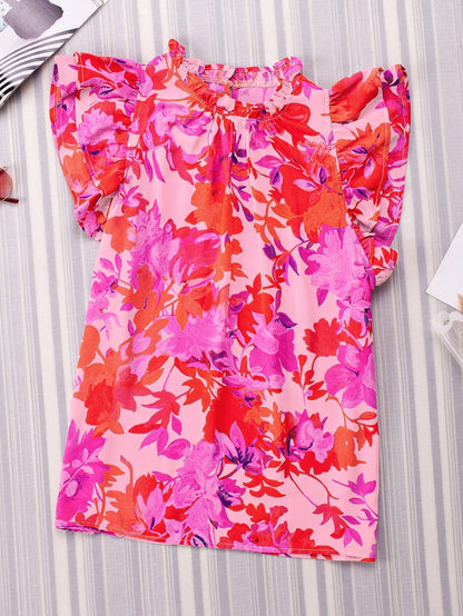 Floral Rose Frilled Flutter Sleeve Blouse