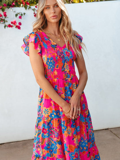 Floral Rose Red V Neck Ruffle Sleeve Maxi Dress