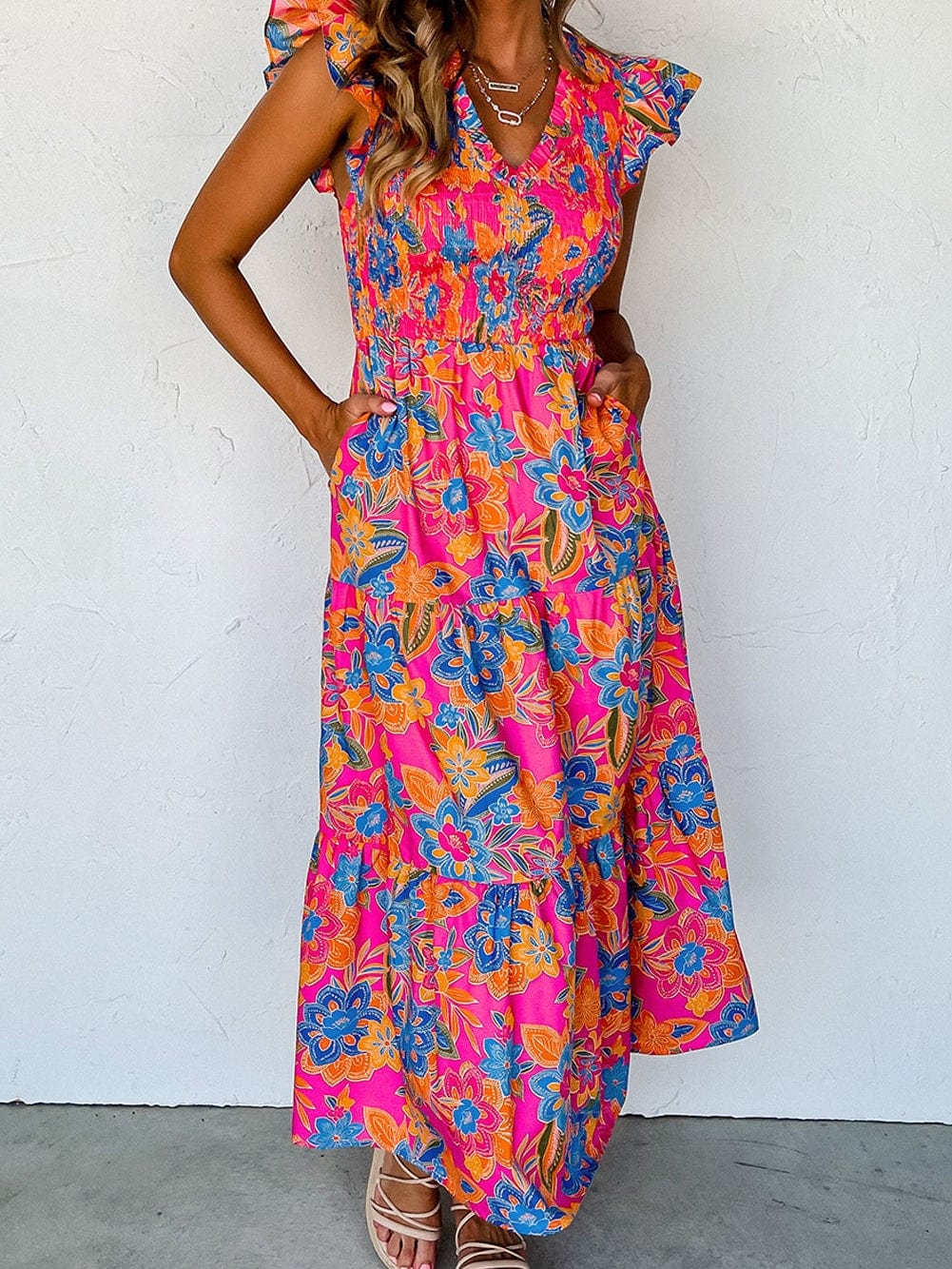 Floral Rose Red V Neck Ruffle Sleeve Maxi Dress