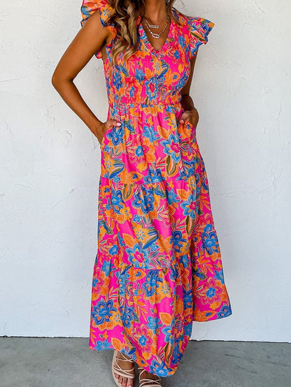 Floral Rose Red V Neck Ruffle Sleeve Maxi Dress