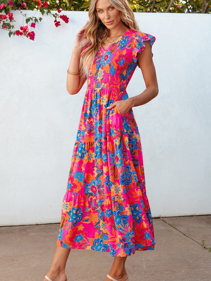 Floral Rose Red V Neck Ruffle Sleeve Maxi Dress