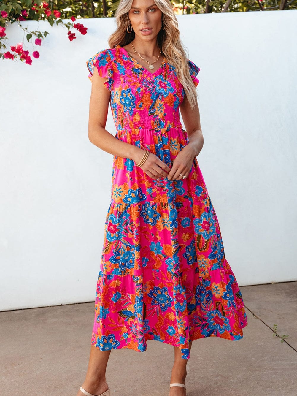 Floral Rose Red V Neck Ruffle Sleeve Maxi Dress