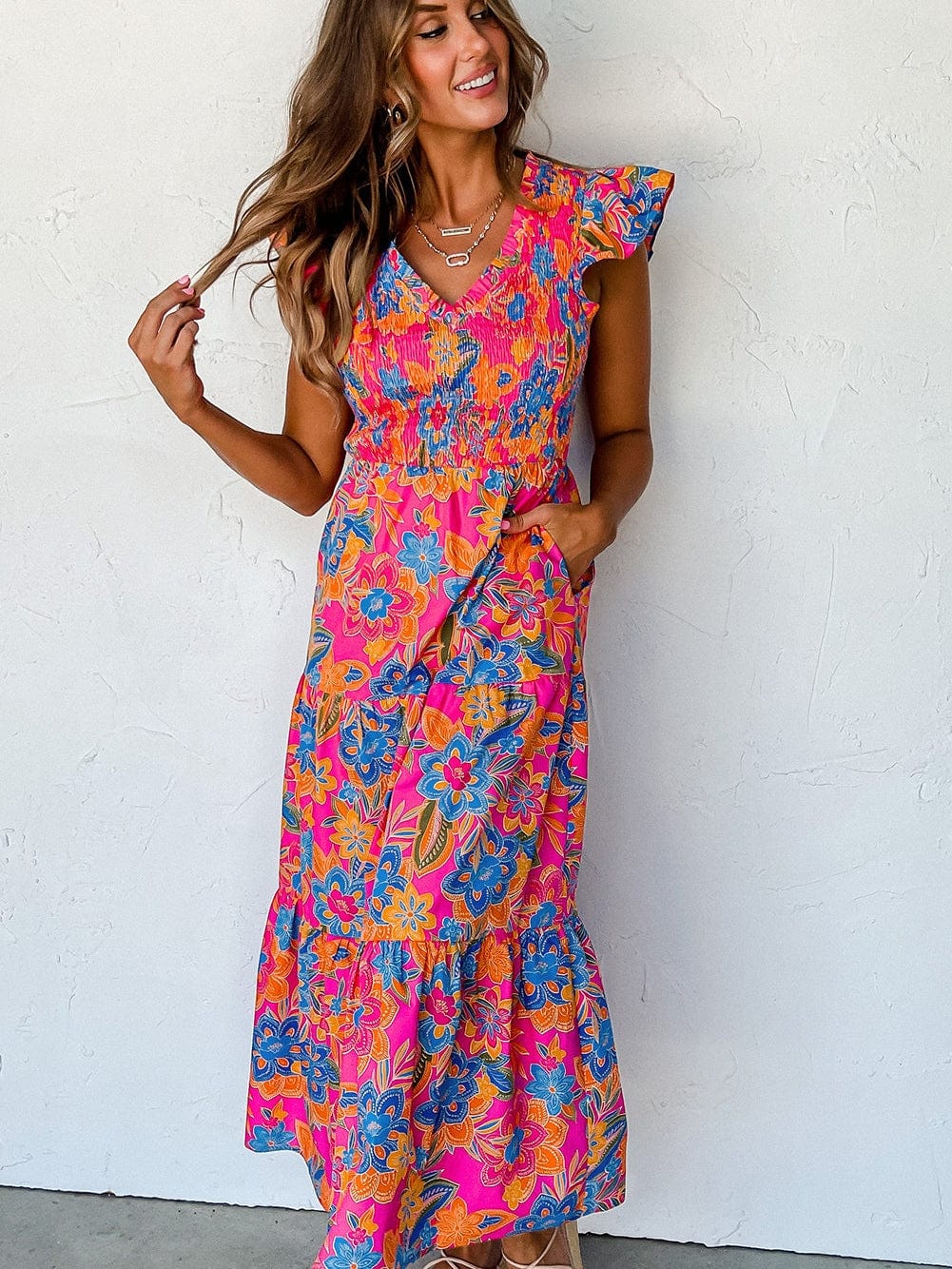 Floral Rose Red V Neck Ruffle Sleeve Maxi Dress