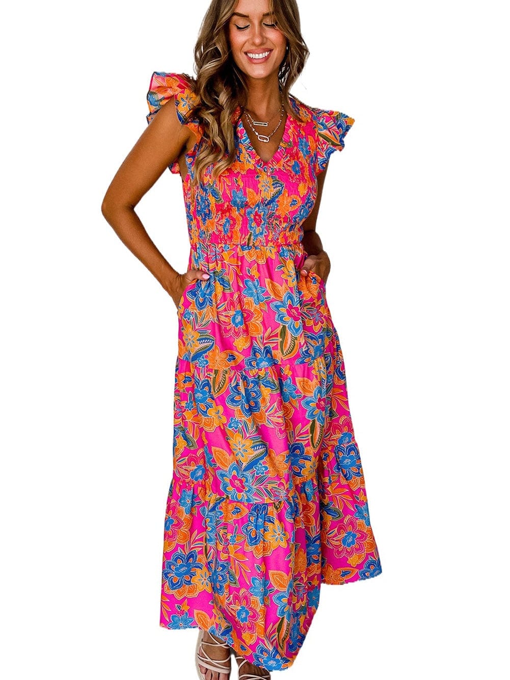 Floral Rose Red V Neck Ruffle Sleeve Maxi Dress