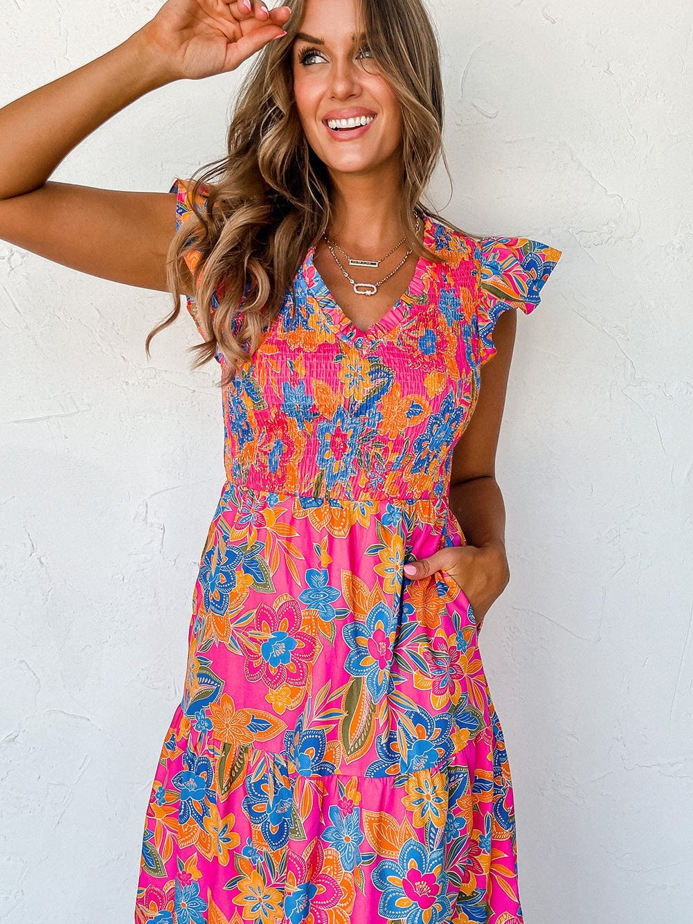 Floral Rose Red V Neck Ruffle Sleeve Maxi Dress