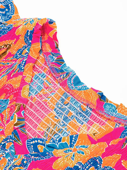 Floral Rose Red V Neck Ruffle Sleeve Maxi Dress