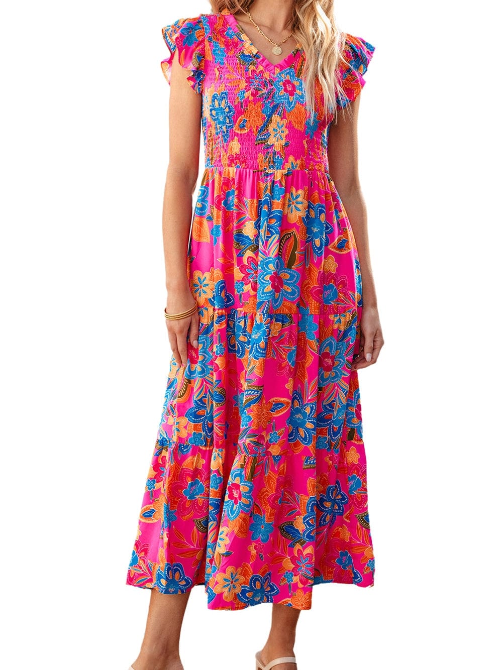 Floral Rose Red V Neck Ruffle Sleeve Maxi Dress