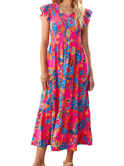 Floral Rose Red V Neck Ruffle Sleeve Maxi Dress