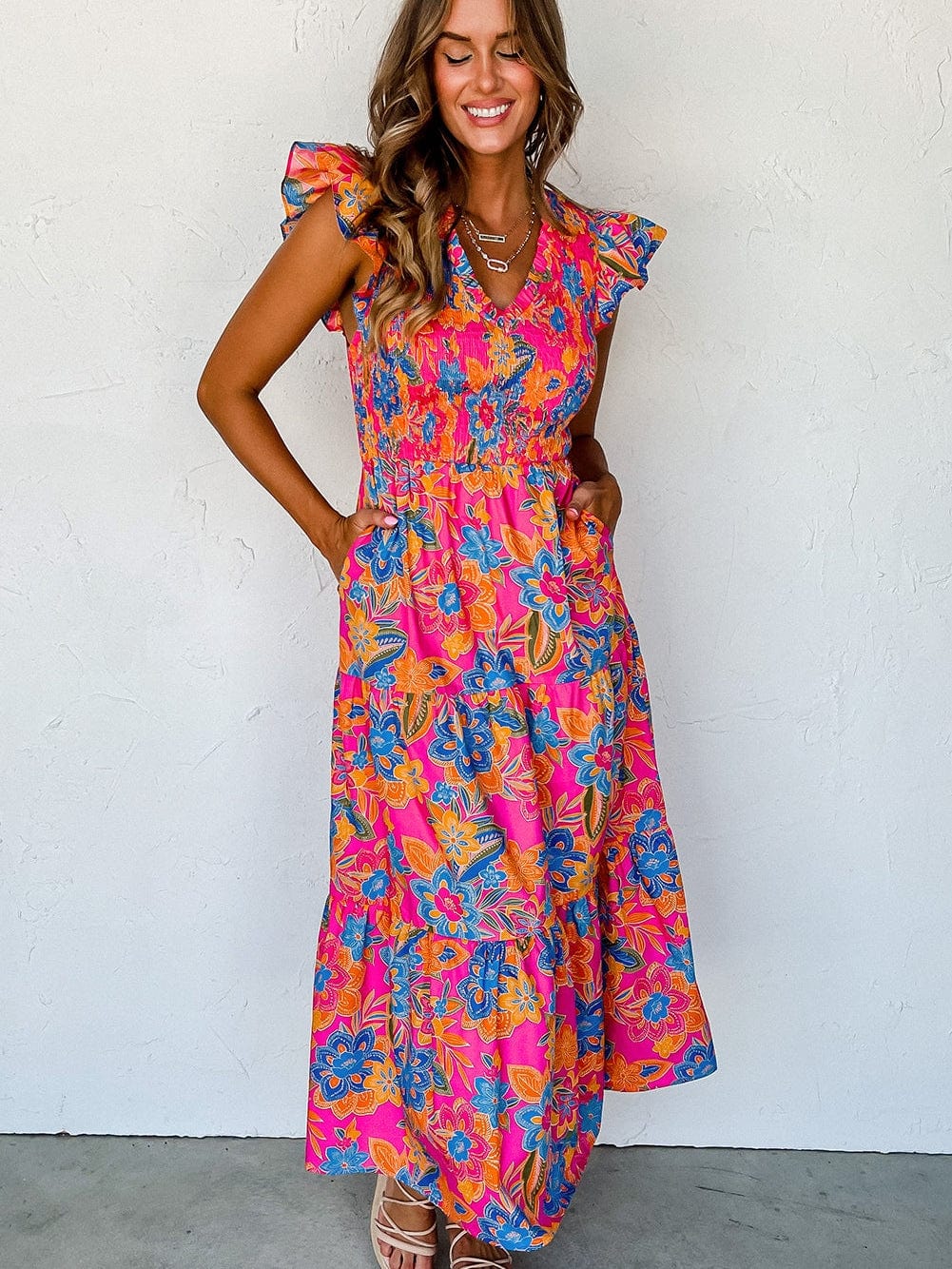 Floral Rose Red V Neck Ruffle Sleeve Maxi Dress