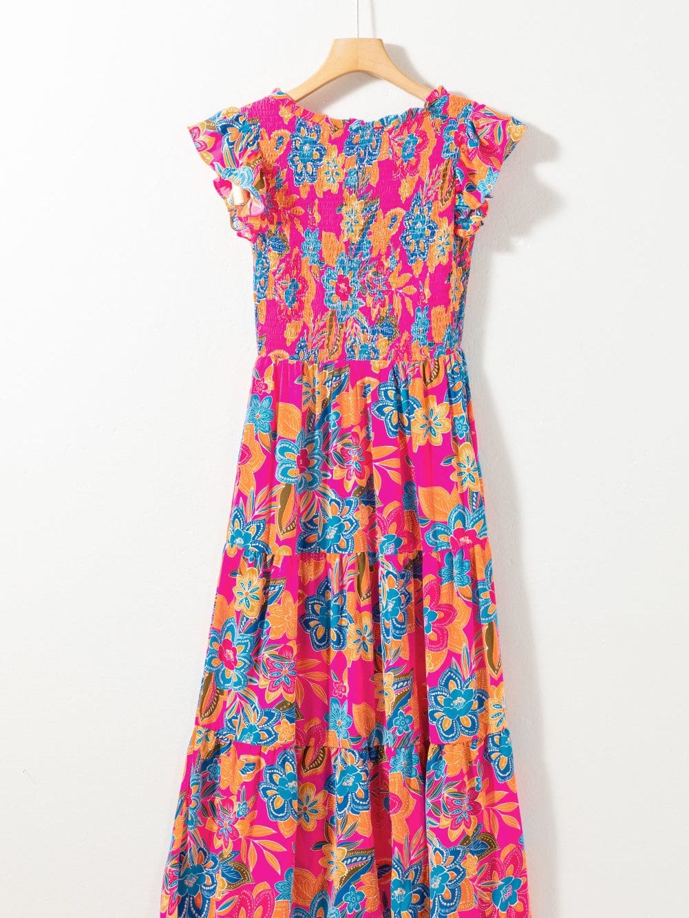 Floral Rose Red V Neck Ruffle Sleeve Maxi Dress