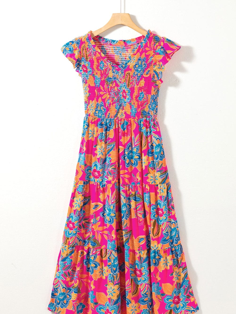 Floral Rose Red V Neck Ruffle Sleeve Maxi Dress