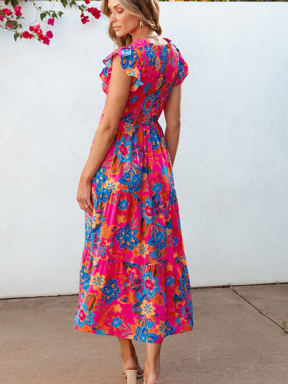 Floral Rose Red V Neck Ruffle Sleeve Maxi Dress