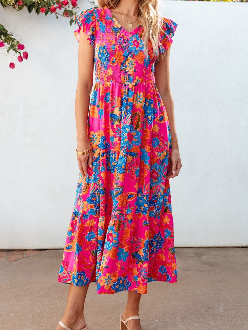 Floral Rose Red V Neck Ruffle Sleeve Maxi Dress