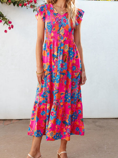 Floral Rose Red V Neck Ruffle Sleeve Maxi Dress