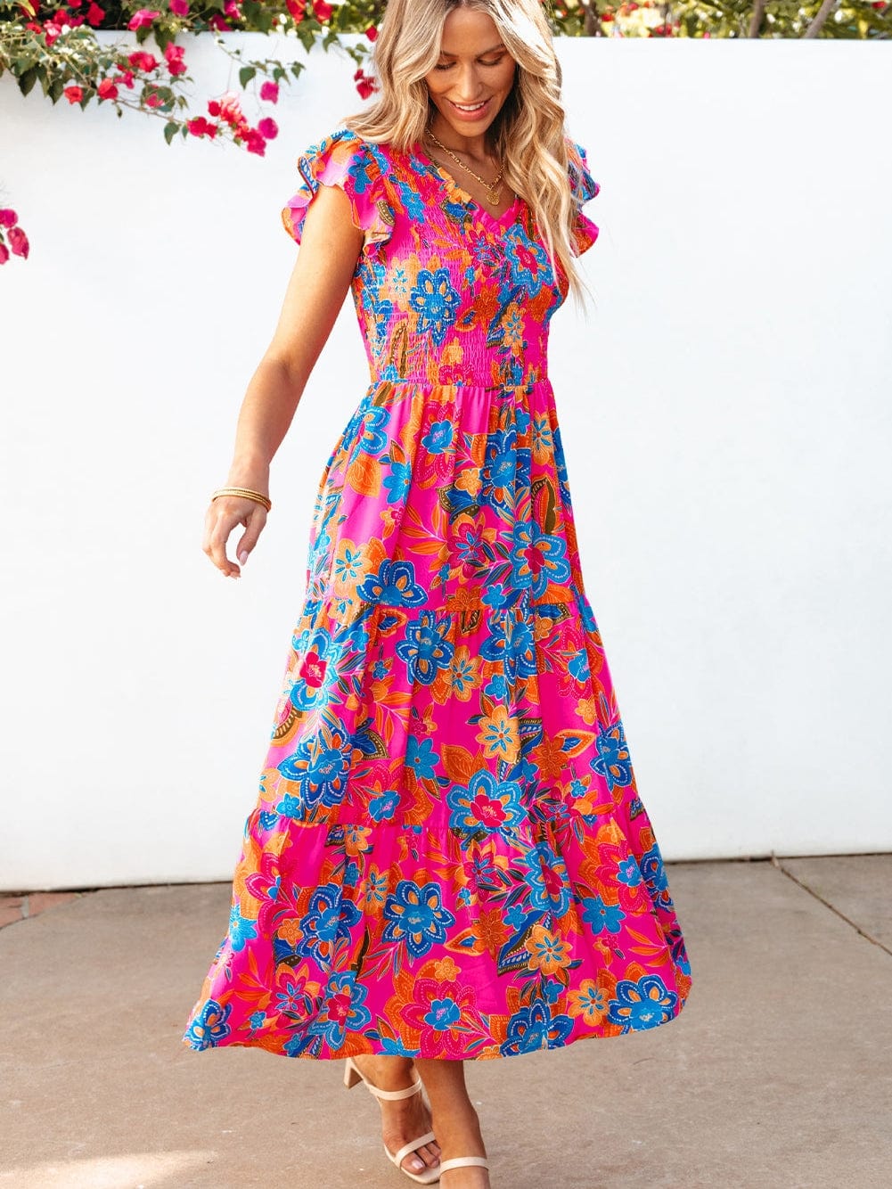 Floral Rose Red V Neck Ruffle Sleeve Maxi Dress