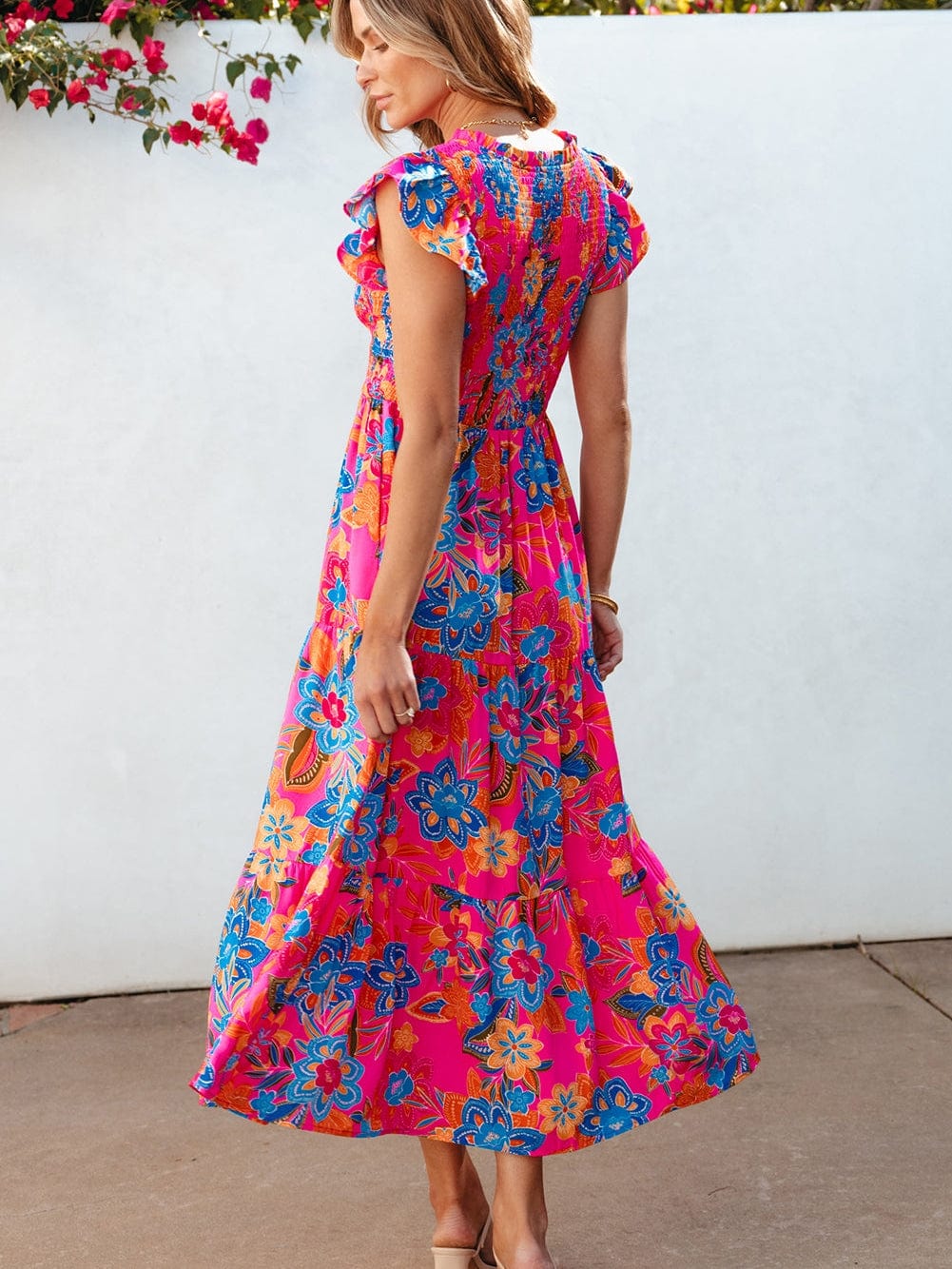 Floral Rose Red V Neck Ruffle Sleeve Maxi Dress