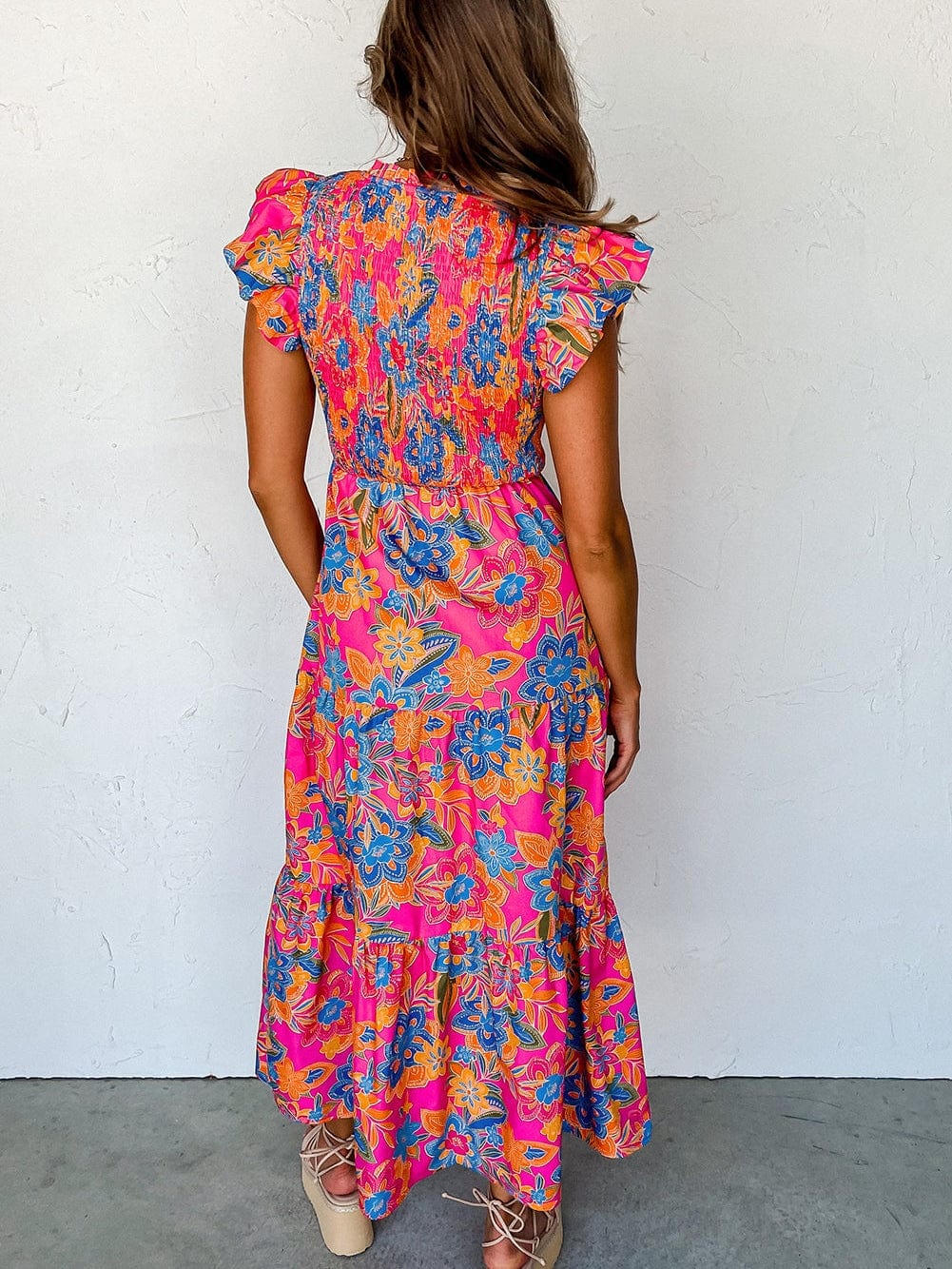 Floral Rose Red V Neck Ruffle Sleeve Maxi Dress