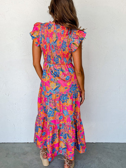 Floral Rose Red V Neck Ruffle Sleeve Maxi Dress