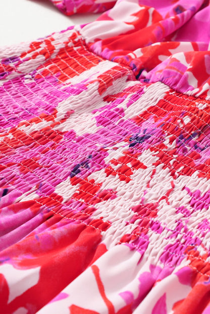 Floral Rose Smocked Waist Puff Sleeve Mini Dress