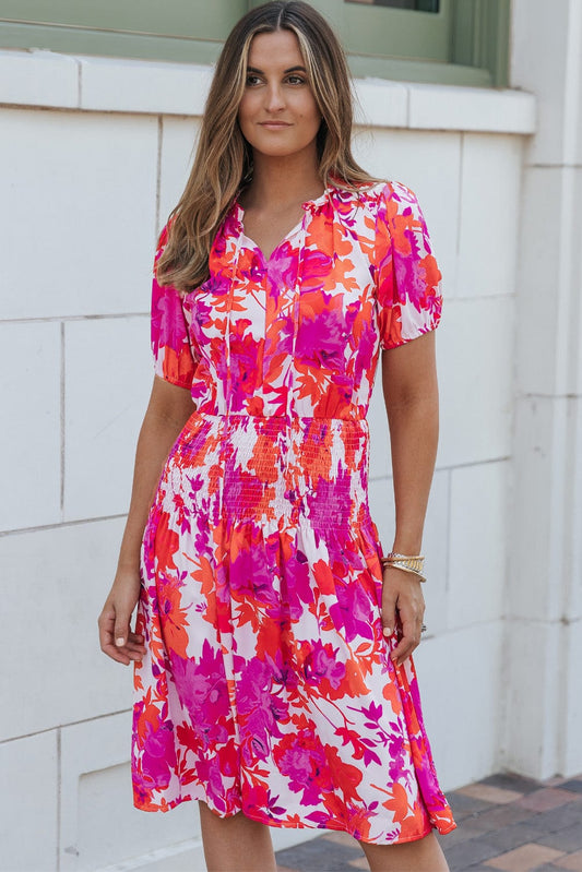 Floral Rose Smocked Waist Puff Sleeve Mini Dress