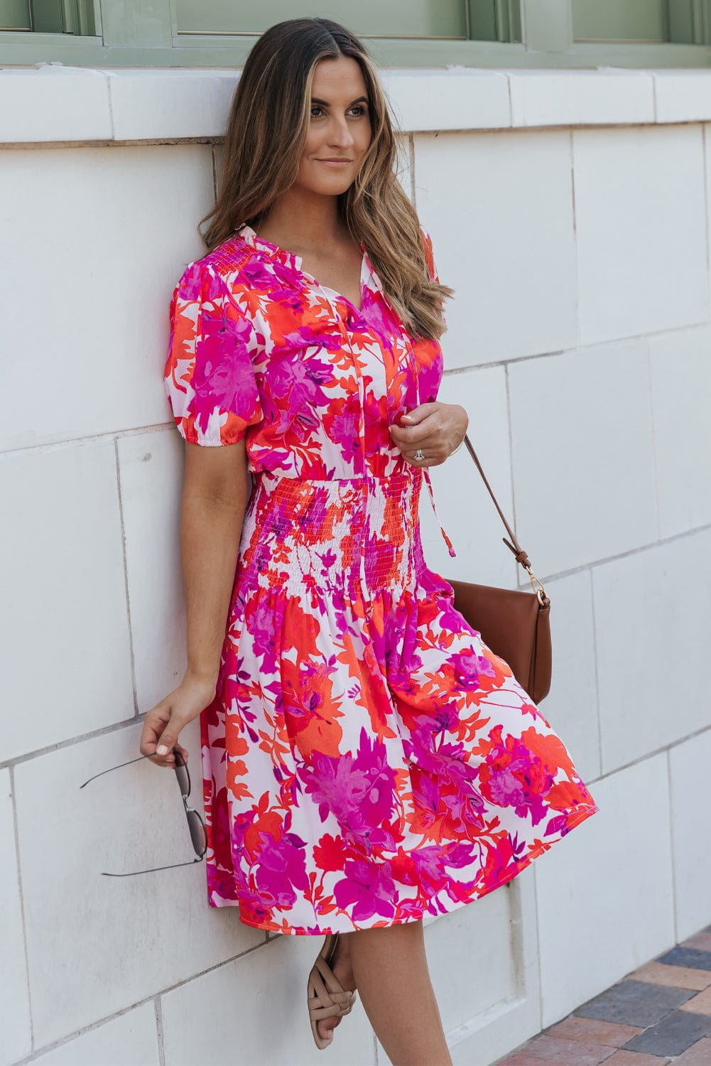 Floral Rose Smocked Waist Puff Sleeve Mini Dress