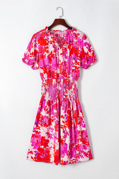 Floral Rose Smocked Waist Puff Sleeve Mini Dress