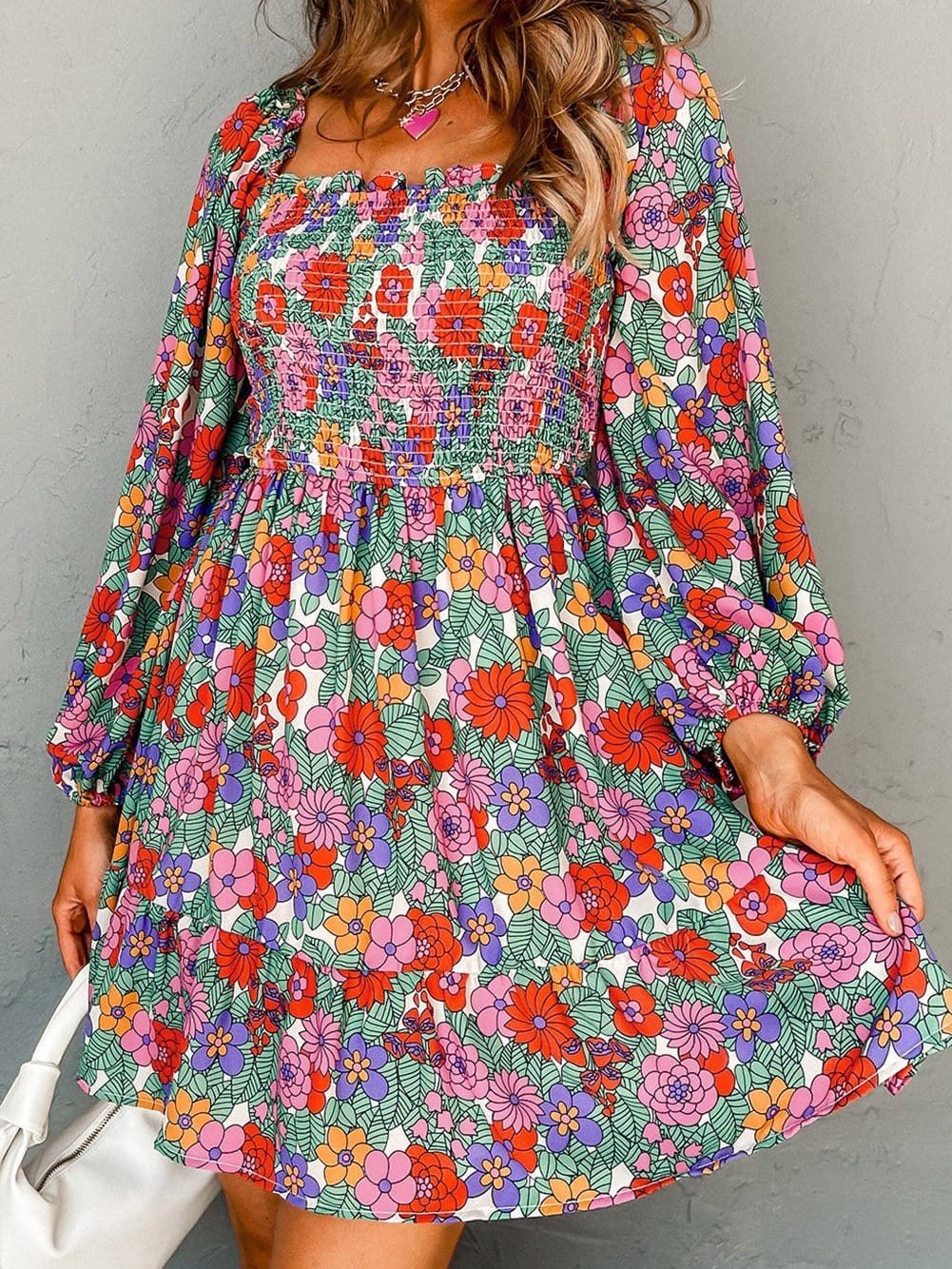 Floral Ruffle Smocked Square Neck A-Line Dress