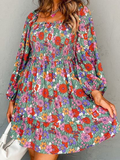 Floral Ruffle Smocked Square Neck A-Line Dress
