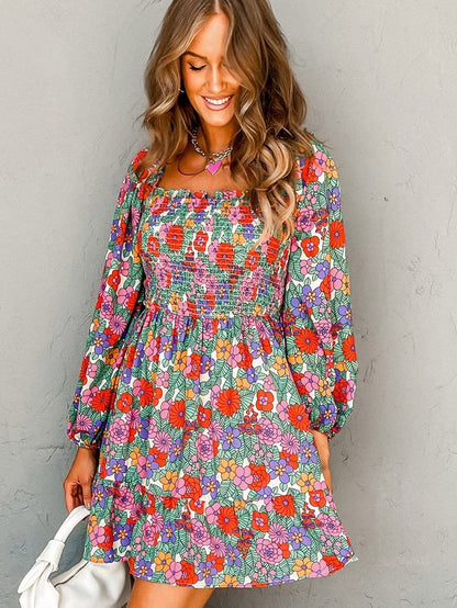 Floral Ruffle Smocked Square Neck A-Line Dress