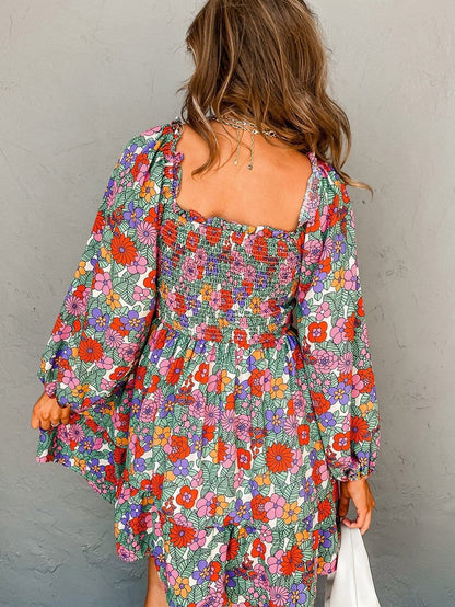Floral Ruffle Smocked Square Neck A-Line Dress