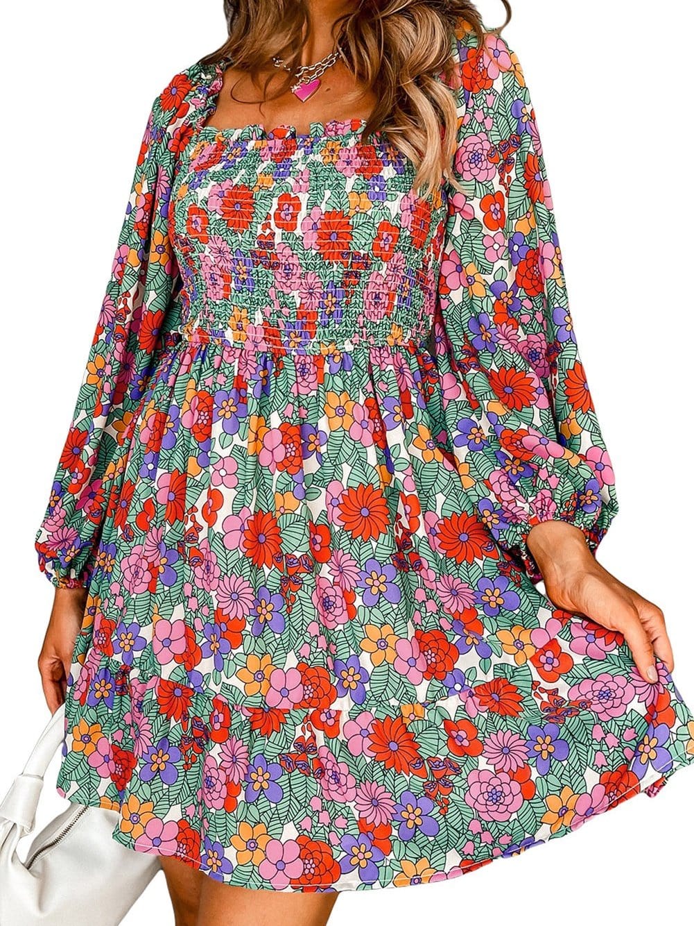 Floral Ruffle Smocked Square Neck A-Line Dress