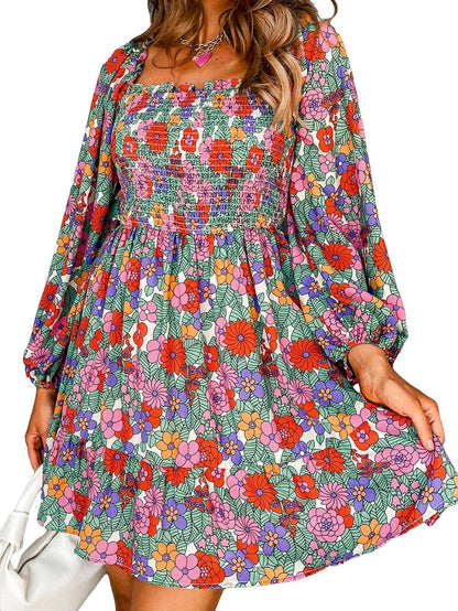Floral Ruffle Smocked Square Neck A-Line Dress