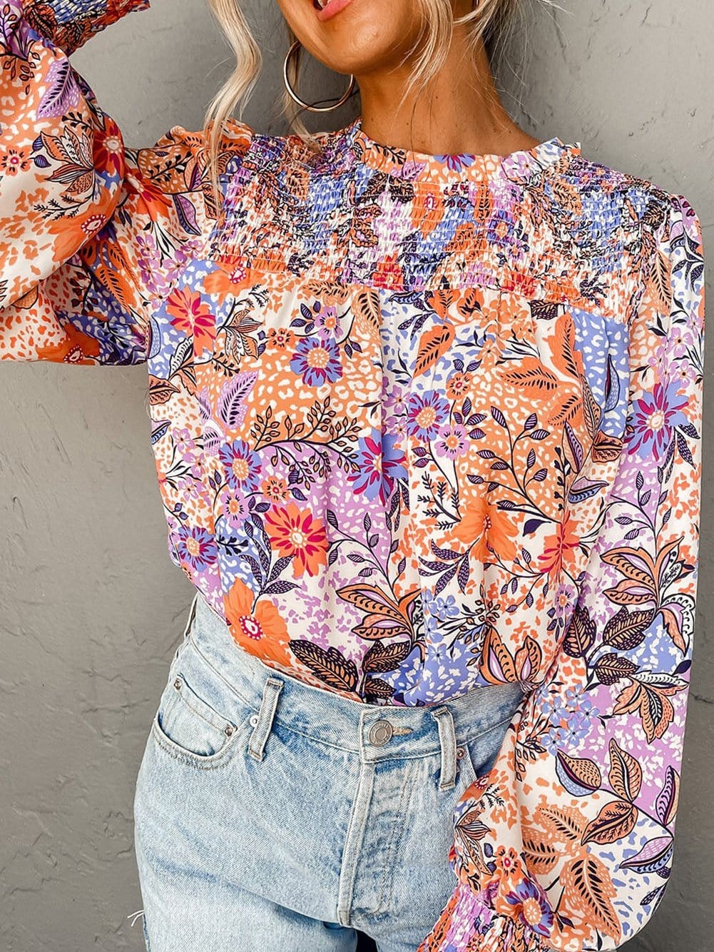 Floral Ruffle Trim Round Neck Blouse with Bishop Sleeves