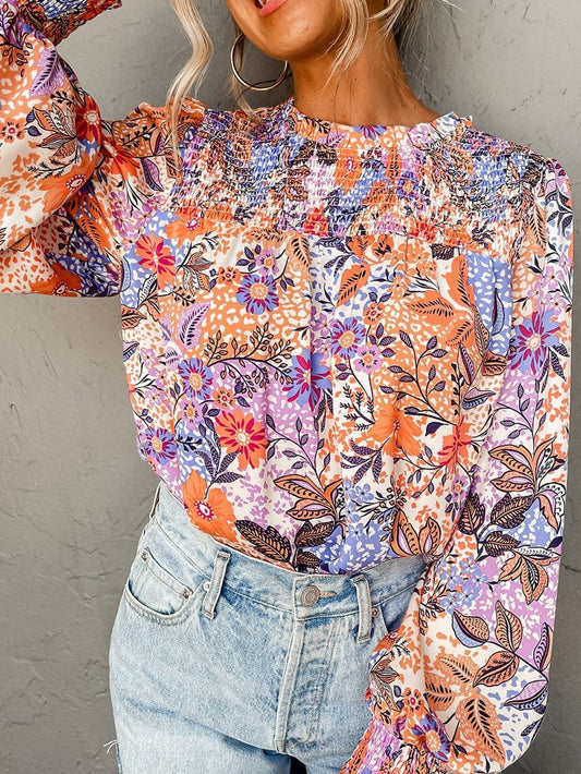 Floral Ruffle Trim Round Neck Blouse with Bishop Sleeves