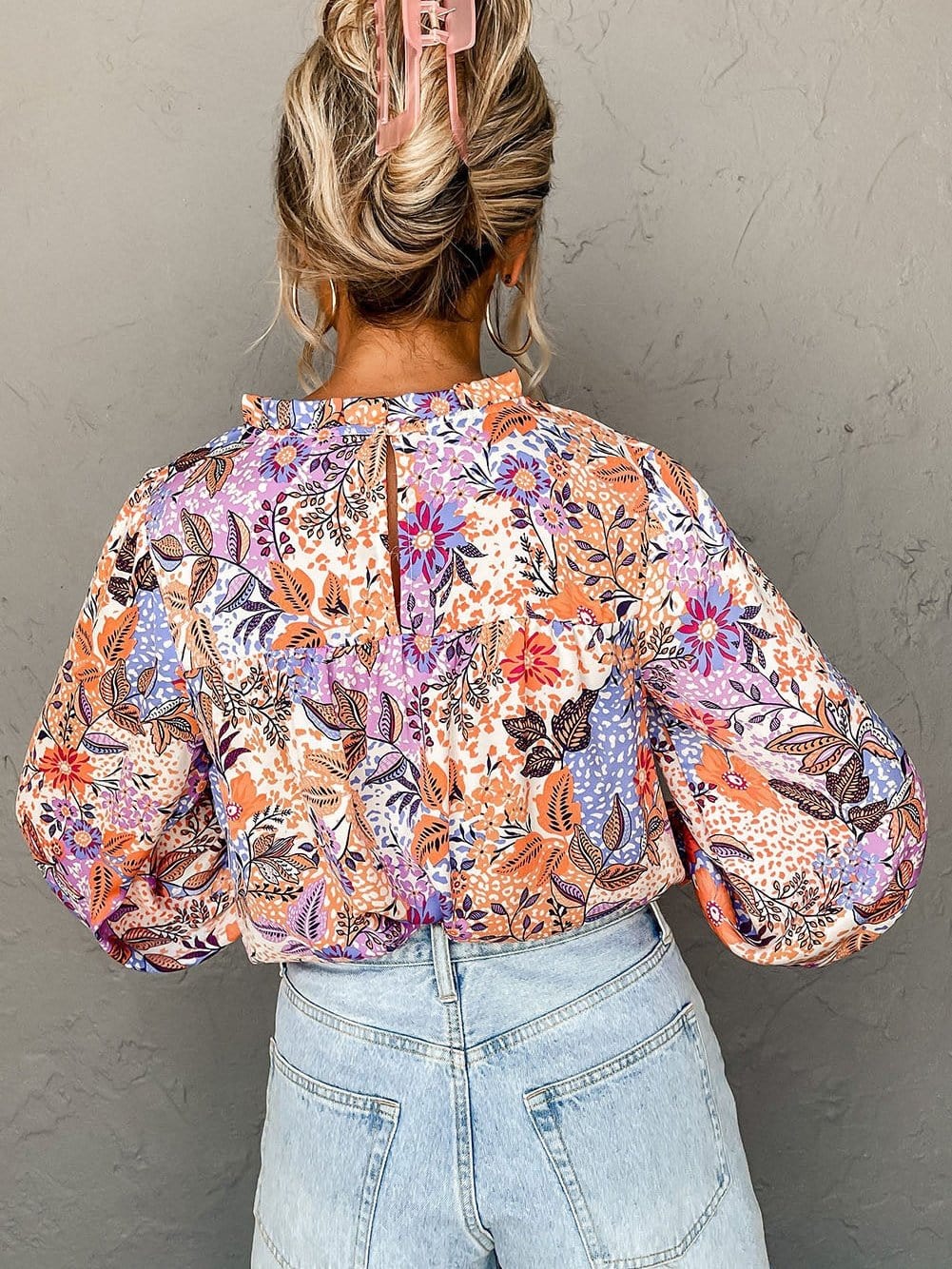 Floral Ruffle Trim Round Neck Blouse with Bishop Sleeves