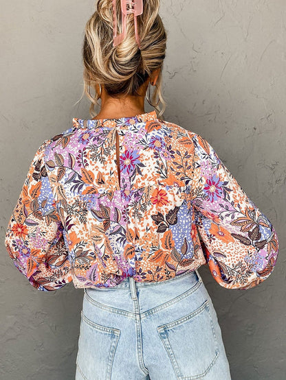 Floral Ruffle Trim Round Neck Blouse with Bishop Sleeves
